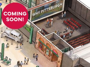 Illustration of a museum with visitors, a vintage car display, theater area with WHY PITTSBURGH screen, and COMING SOON! in pink circle. *AI generated alt text