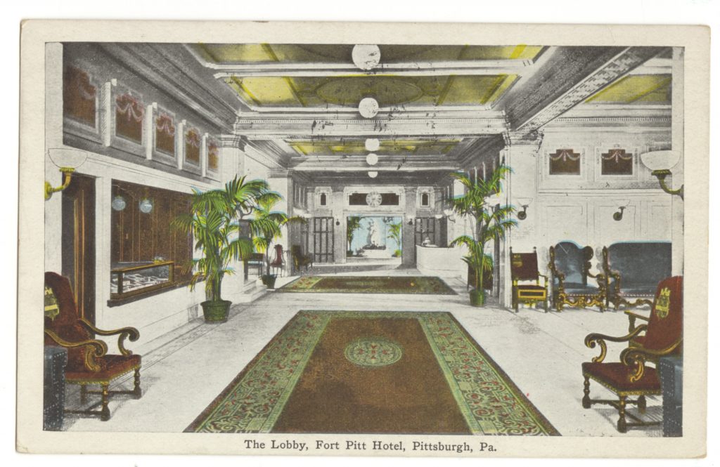 Color illustration of the Fort Pitt Hotel lobby in Pittsburgh, showing ornate ceilings, chandeliers, rugs, plants, and wood furniture. *AI generated alt text