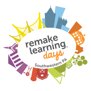 Museum logo for Remake Learning Days Southwestern PA with city buildings, bridge, houses, barn, and trees circling the event name. *AI generated alt text