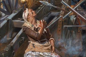 A woman in 18th-century attire is injured by a cannon near Fort Pitt, clutching her chest as soldiers aim bayonets amid battle debris. *AI generated alt text