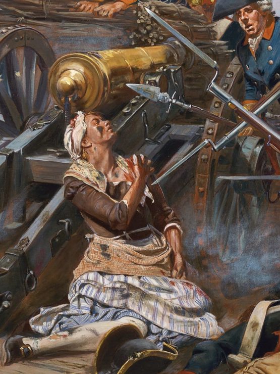 A woman in 18th-century attire is injured by a cannon near Fort Pitt, clutching her chest as soldiers aim bayonets amid battle debris. *AI generated alt text