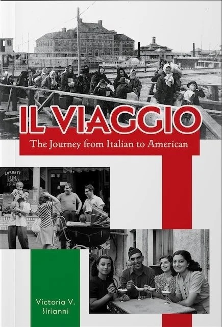 Book cover for Il Viaggio: The Journey from Italian to American, with vintage photos of Italian immigrants and red and green accents. *AI generated alt text