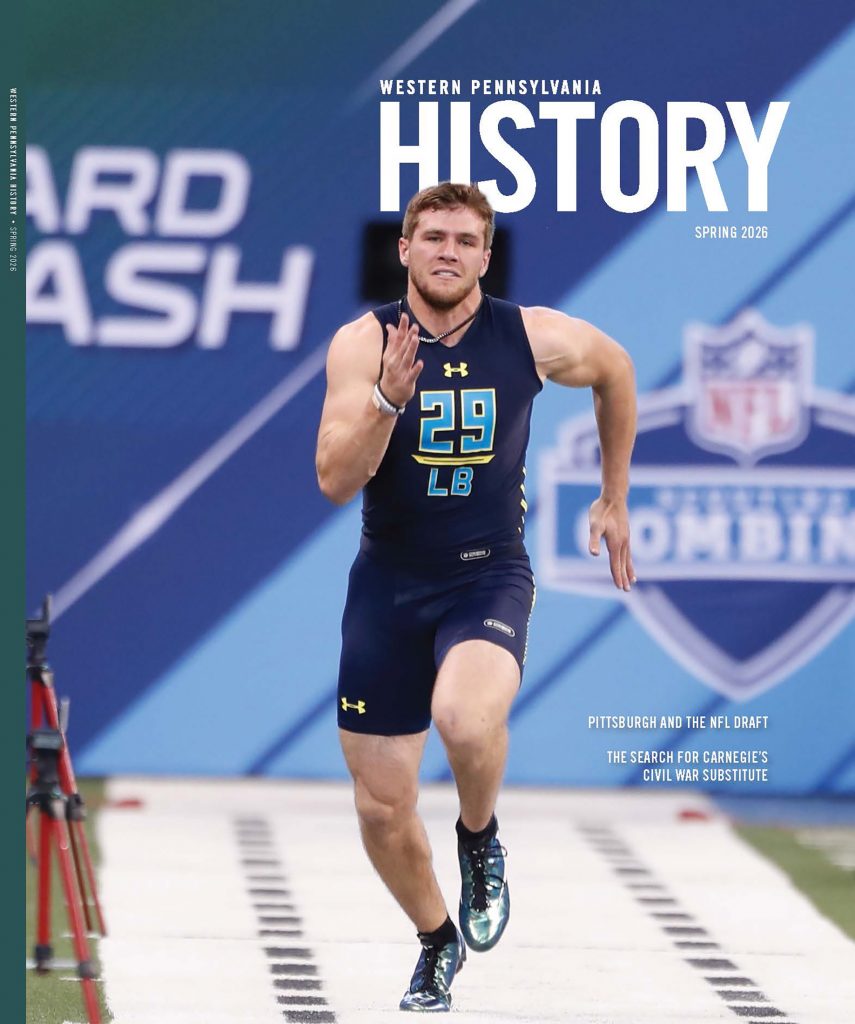 A football player wearing a navy blue uniform with number 29 runs on the field at the NFL Combine, on a 2018 magazine cover. *AI generated alt text