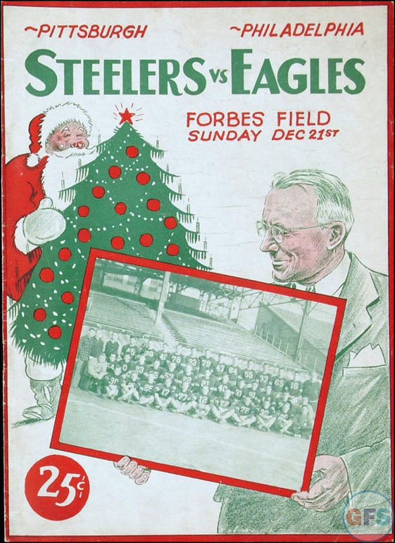 Vintage program cover for a Steelers vs. Eagles game at Forbes Field, with Santa, Christmas tree, man holding team photo; 25 cents. *AI generated alt text