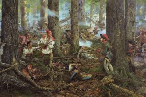 Soldiers and Native American warriors battle in a dense forest near Fort Pitt, with muskets, bayonets, smoke, and wounded men visible. *AI generated alt text