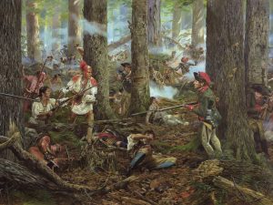 Soldiers and Native American warriors battle in a dense forest near Fort Pitt, with muskets, bayonets, smoke, and wounded men visible. *AI generated alt text