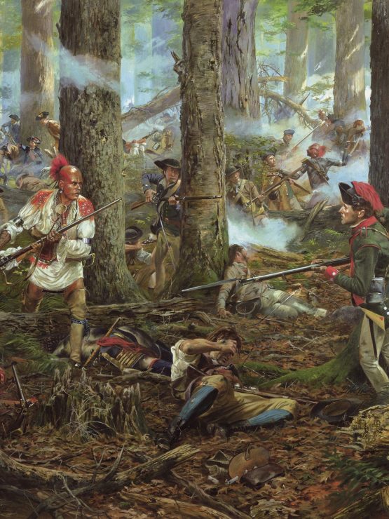 Soldiers and Native American warriors battle in a dense forest near Fort Pitt, with muskets, bayonets, smoke, and wounded men visible. *AI generated alt text