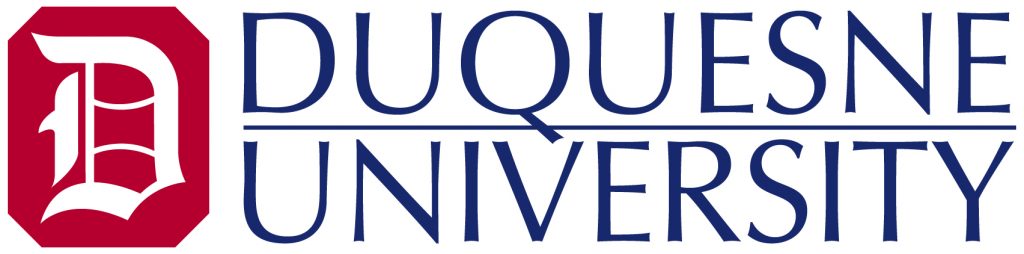 Logo featuring a red octagon with a white gothic D, alongside blue uppercase text reading Duquesne University. *AI generated alt text