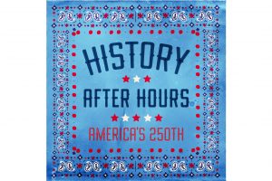 Blue bandana-style graphic with red, white, and navy patterns; center text: 