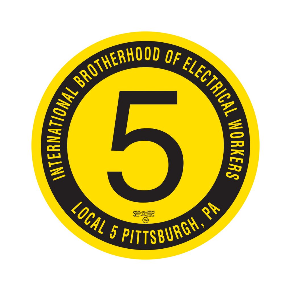 A yellow circular logo featuring a large black number 5. Encircling the number is black text: International Brotherhood of Electrical Workers Local 5 Pittsburgh, PA. *AI generated alt text