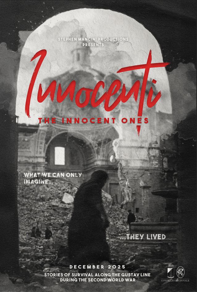 Black-and-white poster with blurred figures in bombed ruins, large archway, and titles about Italian American WWII survival. *AI generated alt text