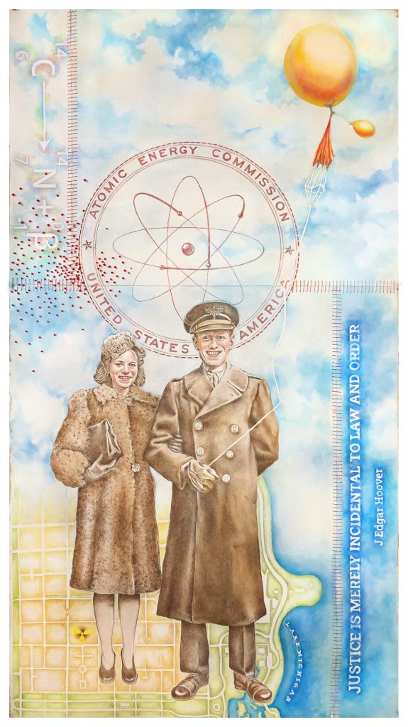 A vintage painting of a smiling man and woman in winter coats, atomic energy emblem behind, balloon above, quote about justice. *AI generated alt text