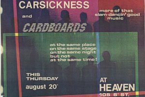 A colorful vintage concert flyer with silhouettes of people, showing The Carsickness and Cardboards at Heaven, 105 6th St., date August 20. *AI generated alt text