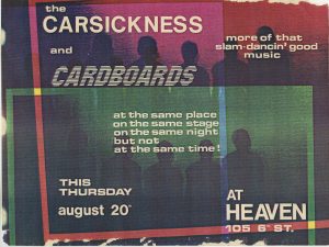 A colorful vintage concert flyer with silhouettes of people, showing The Carsickness and Cardboards at Heaven, 105 6th St., date August 20. *AI generated alt text