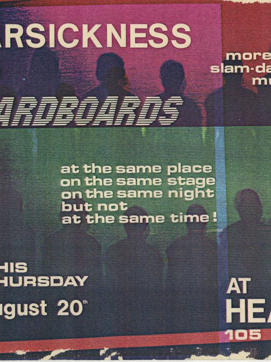 A colorful vintage concert flyer with silhouettes of people, showing The Carsickness and Cardboards at Heaven, 105 6th St., date August 20. *AI generated alt text