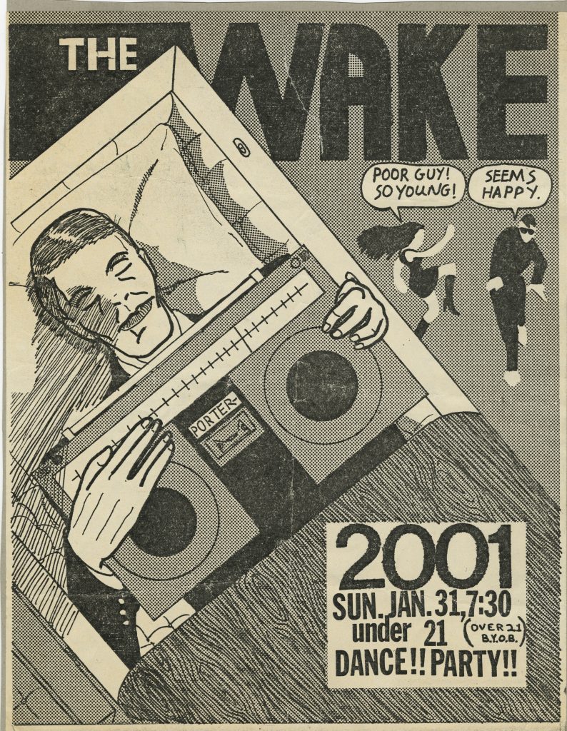 A black and white flyer depicts a man in a coffin with a boombox; two people stand behind him. 2001 under-21 dance event details below. *AI generated alt text