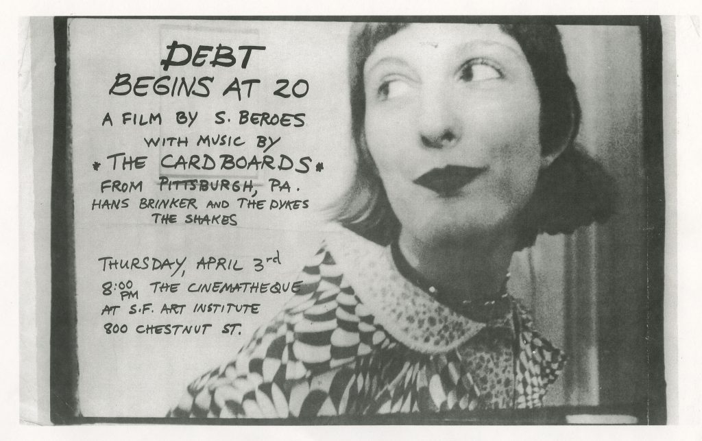 Poster for "DEBT BEGINS AT 20," a 1980s film by S. Beroes, details screening date, time, and location at The Cinematheque. *AI generated alt text