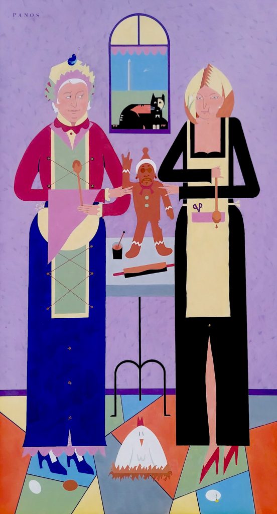 Two women in colorful attire stand in a kitchen with cooking tools. Background shows a gingerbread man, chicken, and window scene. *AI generated alt text