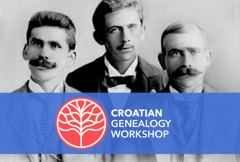 Three men in vintage attire pose for a black-and-white portrait. A blue banner with a red tree and event text covers the lower portion. *AI generated alt text