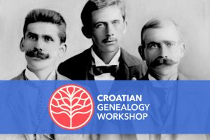 Three men in vintage attire pose for a black-and-white portrait. A blue banner with a red tree and event text covers the lower portion. *AI generated alt text