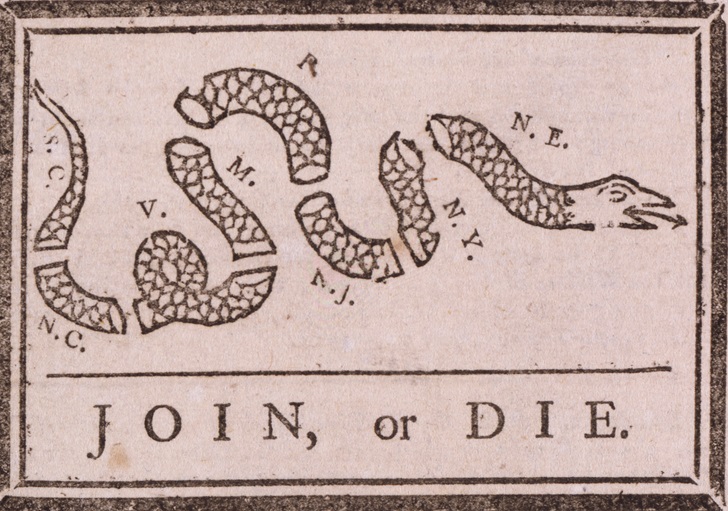 Black and white illustration of a segmented snake labeled with colonial initials above “JOIN, or DIE.” Text evokes colonial America. *AI generated alt text