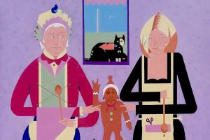 Two people in aprons holding baking utensils stand beside a gingerbread figure. Behind them is a framed cat and obelisk on a purple wall. *AI generated alt text