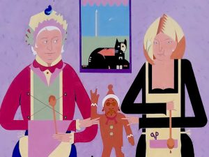 Two people in aprons holding baking utensils stand beside a gingerbread figure. Behind them is a framed cat and obelisk on a purple wall. *AI generated alt text