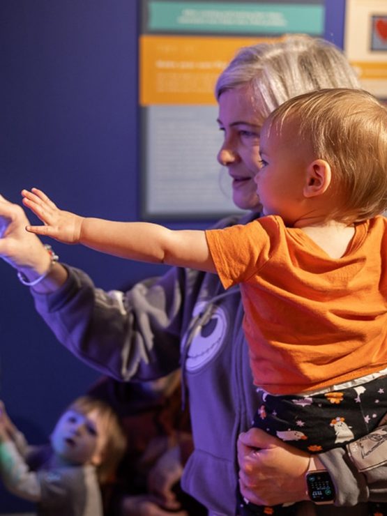 An adult helps a small child touch a large interactive light board. Other children play nearby in a colorful, indoor museum setting. *AI generated alt text