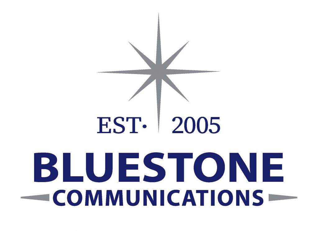 The Bluestone Communications logo features a gray eight-pointed star at the center, with "EST. 2005" above, and "BLUESTONE COMMUNICATIONS" in bold blue lettering below. *AI generated alt text