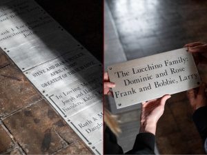 Two photographs: The first image shows multiple engraved memorial plaques arranged on a wooden floor. The second image depicts two individuals holding an engraved plaque that reads, 