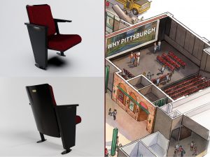 A collage features a red upholstered theater seat shown from two perspectives and an illustrated exhibit area in the museum displaying similar seats. The exhibit is labeled “Why Pittsburgh” and depicts several people inside. *AI generated alt text