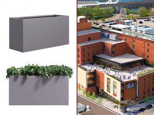 Split image: left side displays a gray rectangular planter, pictured empty in the upper half and filled with green plants in the lower half; right side shows an overhead view of a rooftop terrace atop a red brick building labeled “History Center.”. *AI generated alt text
