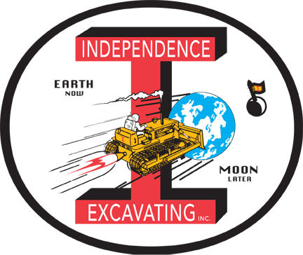 Logo depicting a bulldozer driven by an astronaut atop a red "I," with Earth in the background and a flag on a lunar crater. *AI generated alt text