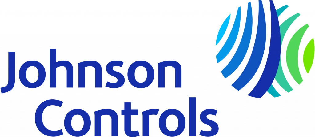 Johnson Controls logo featuring blue text and a circular abstract design composed of blue and green curved lines, set against a white background. *AI generated alt text
