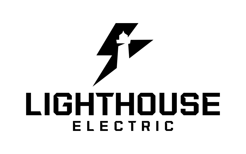 A black lighthouse silhouette intersects with a lightning bolt above bold text that reads "Lighthouse Electric" on a light gray background. *AI generated alt text