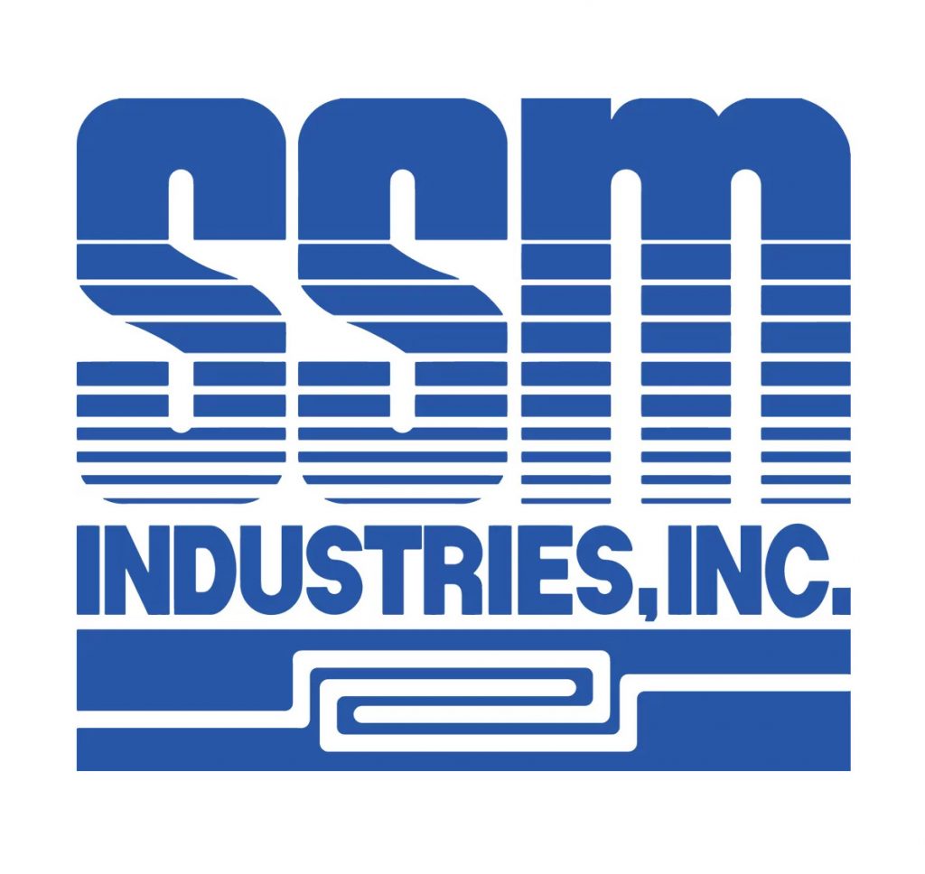Blue and white logo displaying large SSM letters placed above the words Industries, Inc. The design incorporates horizontal lines and geometric patterns. *AI generated alt text