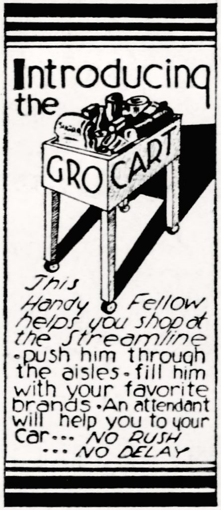 A black-and-white vintage ad shows the GRO-CART, a grocery cart filled with items, promoting efficient shopping and checkout. *AI generated alt text