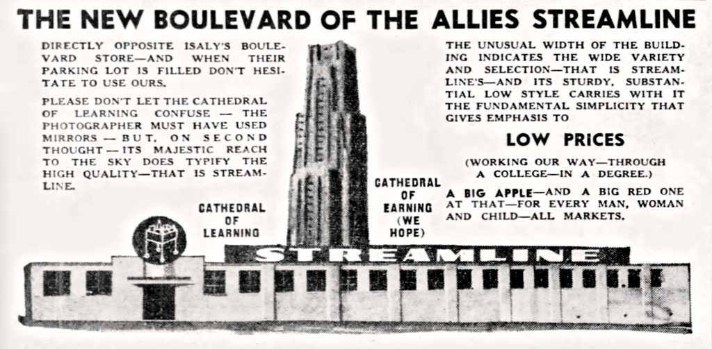 Black and white ad with the Cathedral of Learning and a building labeled STREAMLINE; text highlights variety, sturdiness, low cost. *AI generated alt text