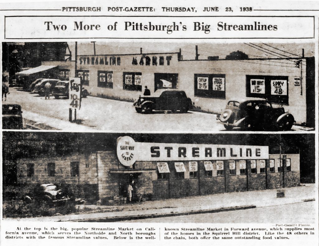 A 1938 newspaper clipping with two black-and-white photos of Streamline Markets in Pittsburgh, vintage cars, and store signage. *AI generated alt text