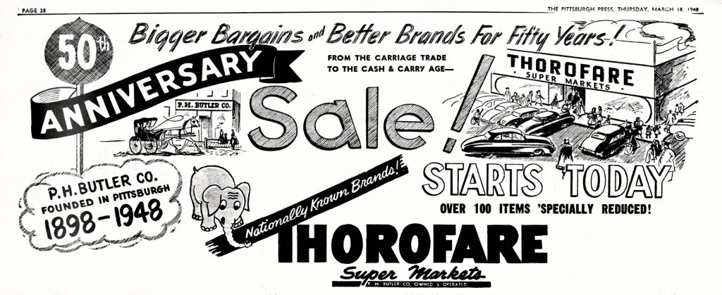 Black and white ad showing Thorofare Super Markets' 50th anniversary, bold text, cars outside the store, and dates 1898–1948. *AI generated alt text