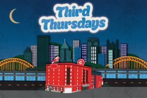 Illustration of a nighttime city skyline featuring a prominent red building and yellow bridges, with the words “Third Thursdays” in white at the top. A crescent moon is visible in the night sky. *AI generated alt text