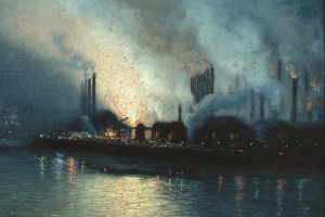 A nighttime view of an industrial riverside area, featuring factories emitting smoke and bright lights reflecting on the water. The scene includes a hazy atmosphere, a dark sky, and silhouetted buildings standing against a glowing background. *AI generated alt text