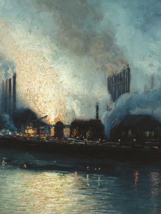 A nighttime view of an industrial riverside area, featuring factories emitting smoke and bright lights reflecting on the water. The scene includes a hazy atmosphere, a dark sky, and silhouetted buildings standing against a glowing background. *AI generated alt text