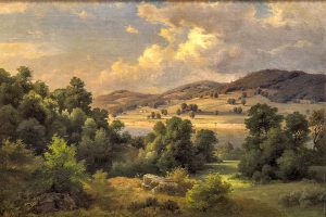 A landscape showing green trees, rolling hills, and a sky with scattered clouds illuminated by sunlight. Fields and distant mountains are visible in the background. The composition represents the natural environment historically found near Fort Pitt. *AI generated alt text
