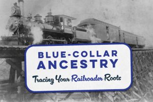 A vintage steam locomotive positioned on a wooden bridge with a sign in front that reads, Blue-Collar Ancestry: Tracing Your Railroader Roots. *AI generated alt text