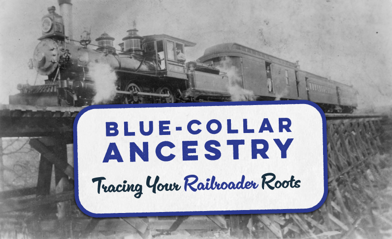 A vintage steam locomotive positioned on a wooden bridge with a sign in front that reads, Blue-Collar Ancestry: Tracing Your Railroader Roots. *AI generated alt text