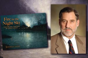 Book cover titled “Fire in the Night Sky” displayed next to a portrait of a man wearing a tan suit, white shirt, and striped tie, set against a blurred background. *AI generated alt text