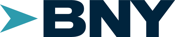 A teal arrowhead pointing to the right appears next to the bold, dark blue letters BNY on a light background. *AI generated alt text