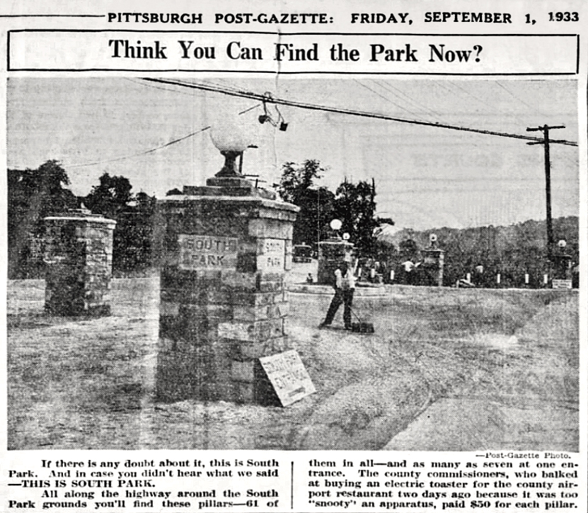 A 1933 newspaper clipping features an entrance with a stone pillar labeled “South Park.” Several people and automobiles are visible near the entrance. The headline at the top of the clipping states, “Think You Can Find the Park Now?”. *AI generated alt text