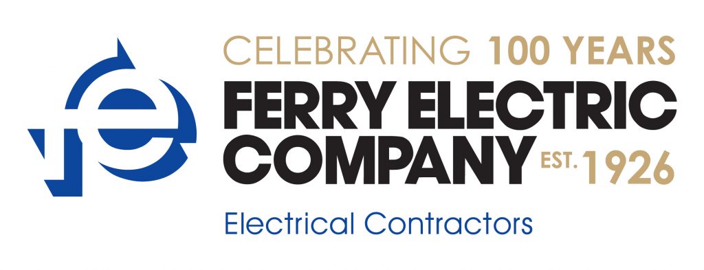 A logo featuring a blue abstract design on the left, accompanied by the text: “Celebrating 100 Years Ferry Electric Company Est. 1926 Electrical Contractors.” The color scheme includes blue, black, and gold. *AI generated alt text